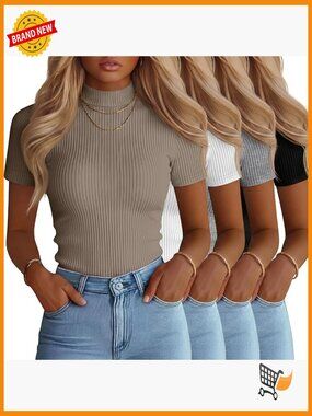 4 Pack Mock Neck T Shirts Ribbed Short Sleeve Turtleneck Tops Slim Fit Basic